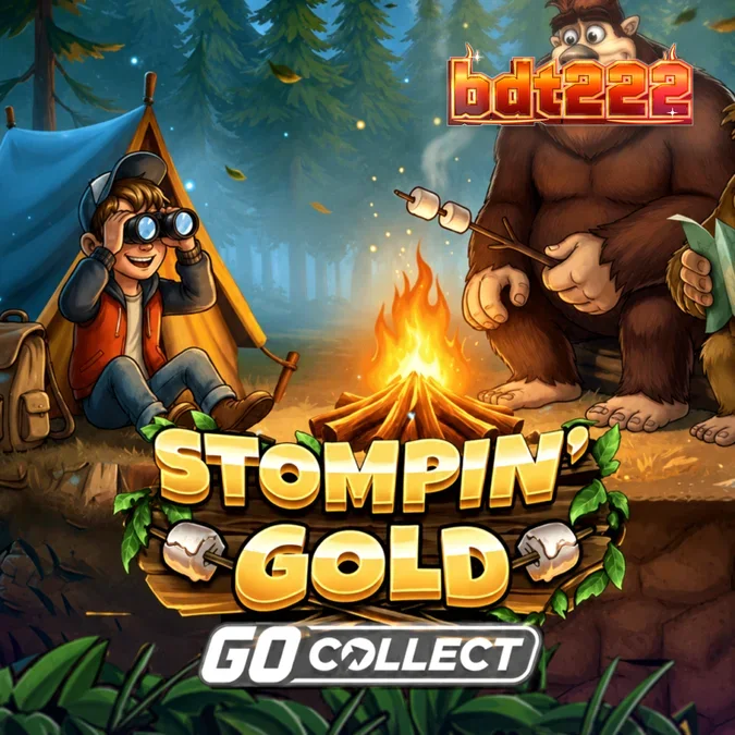 Stompin’ Gold স্লট গেমের একটি দৃশ্য যেখানে বিগফুট এবং বনের পরিবেশ দেখা যাচ্ছে